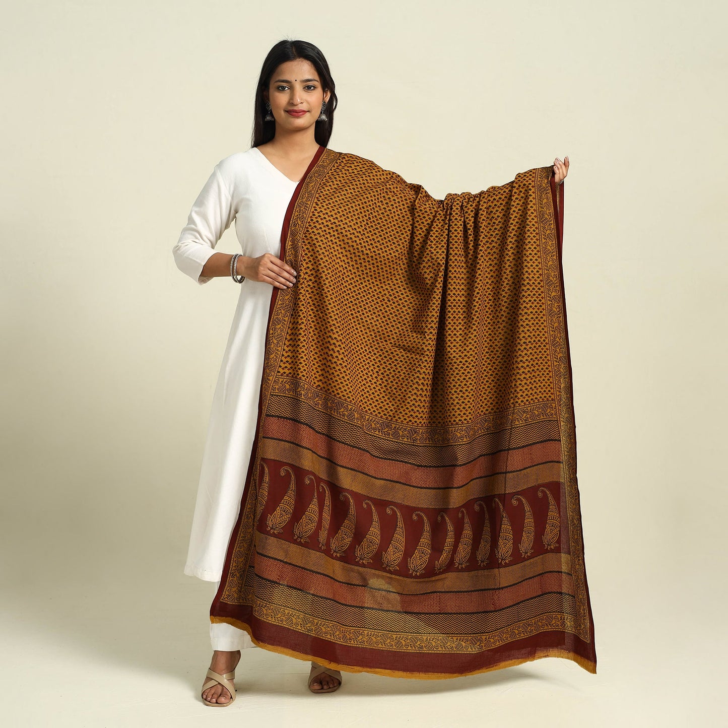  Brown Natural Dye Mul Cotton Bagh Print Dupatta
