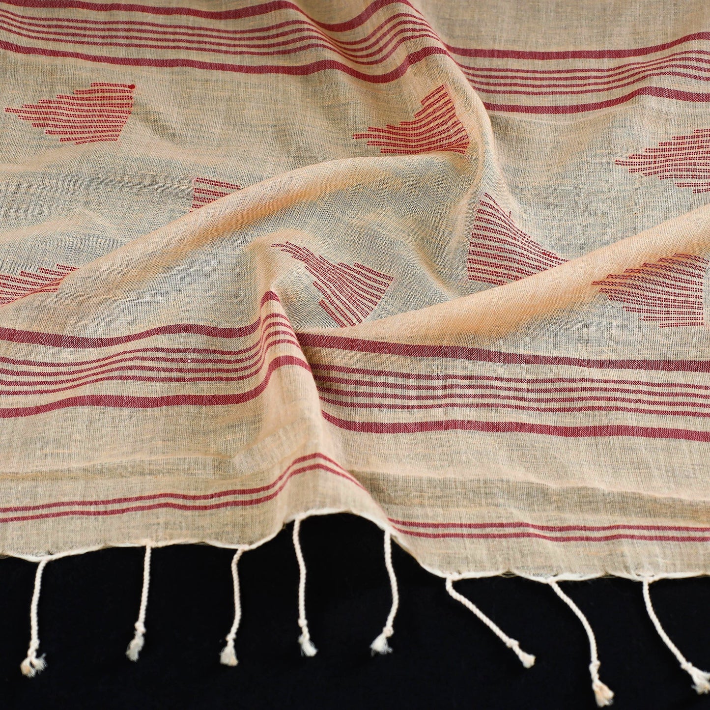  Beige Burdwan Jamdani Buti Handloom Cotton Stole with Tassels