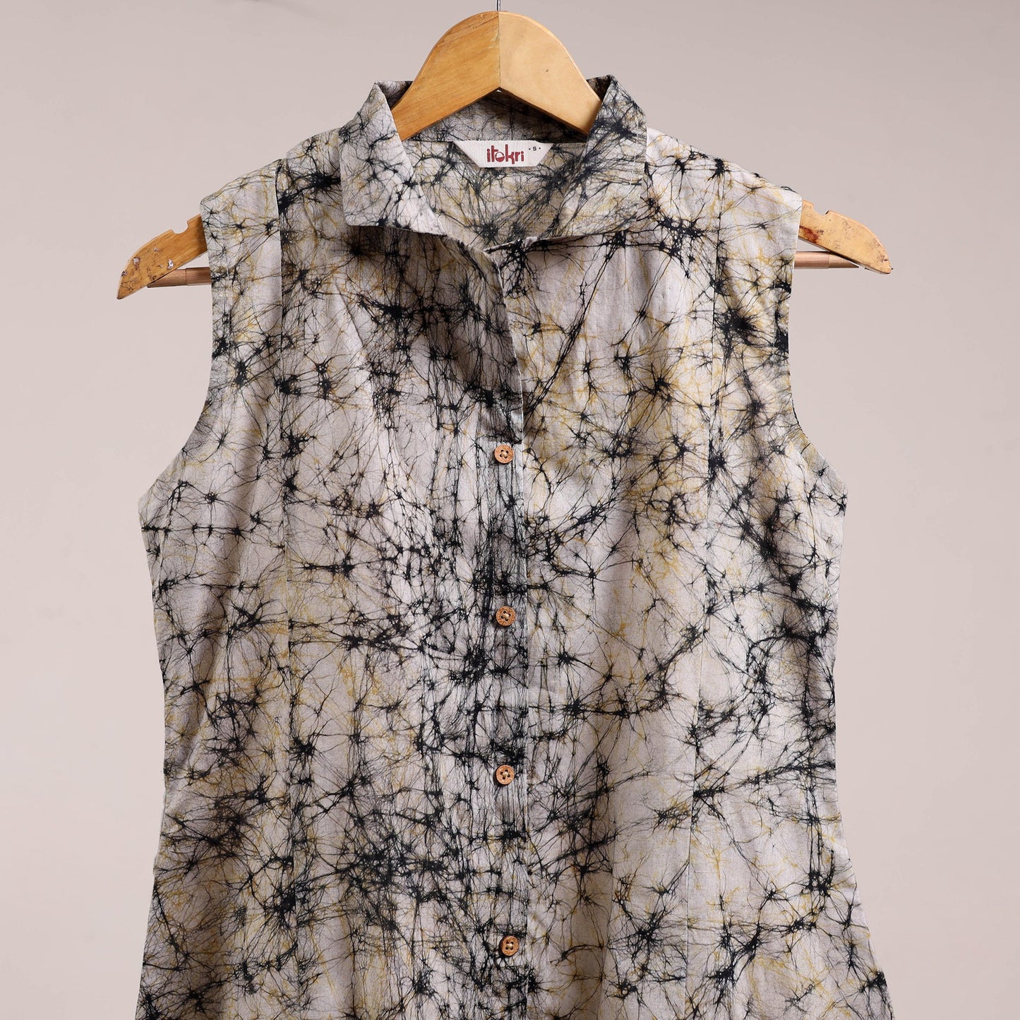 Beige - button down cotton batik dress 02 - handcrafted