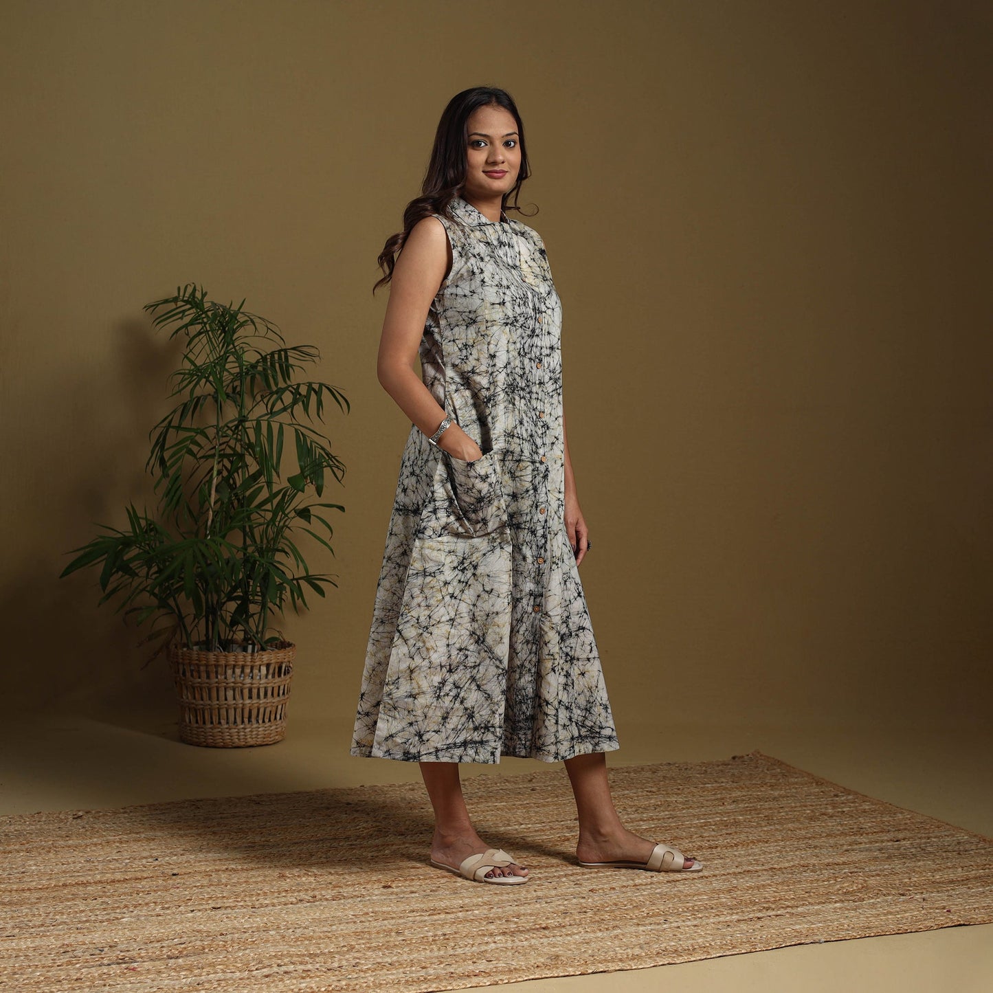 Beige - button down cotton batik dress 02 - handcrafted