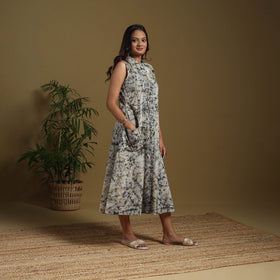 Beige - button down cotton batik dress 02 - handcrafted