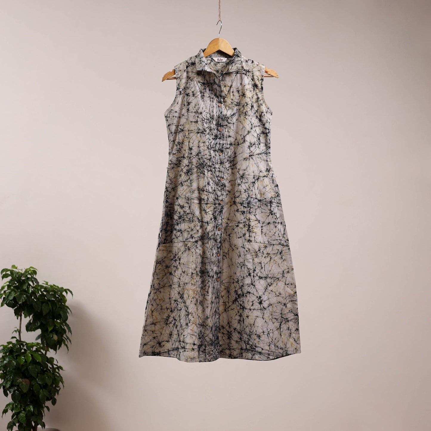 Beige - button down cotton batik dress 02 - handcrafted