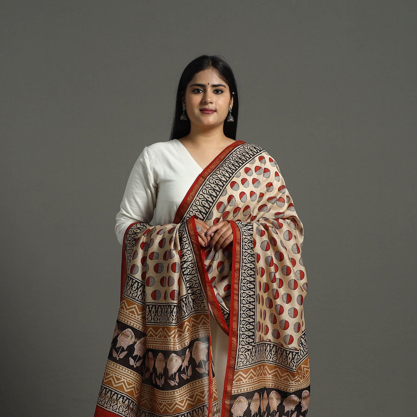 Beige - chanderi silk bagru dupatta 14 - handcrafted