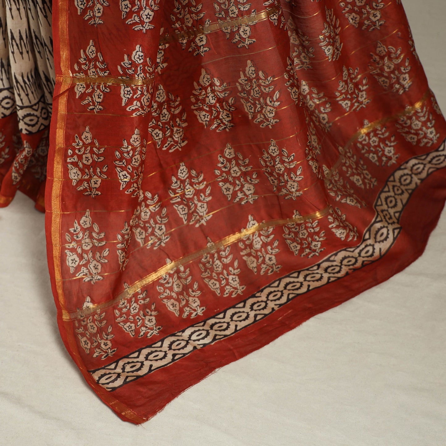 Block Print Chanderi Silk Bagru Saree with Zari Border
