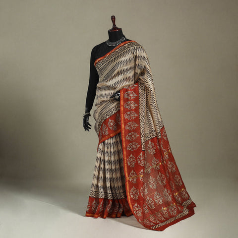Block Print Chanderi Silk Bagru Saree with Zari Border