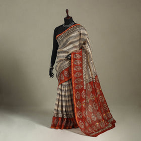 Block Print Chanderi Silk Bagru Saree with Zari Border