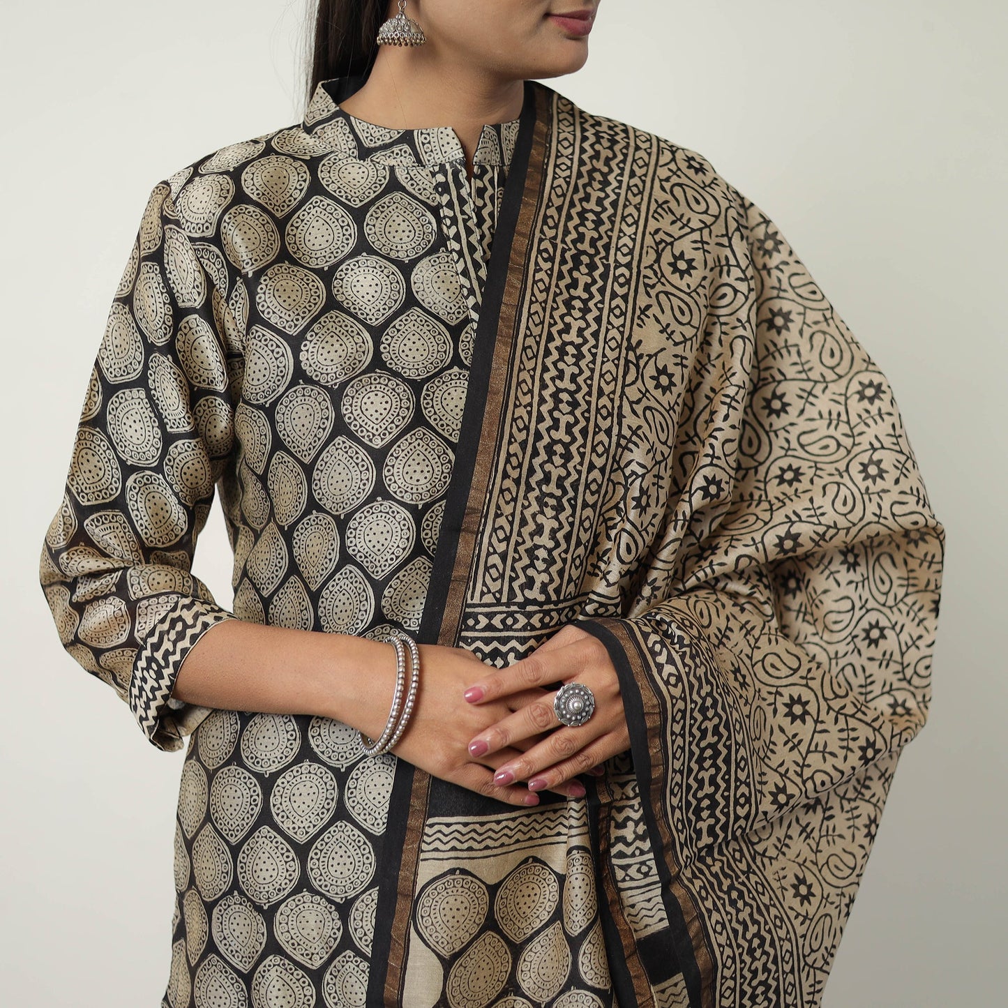 Buy Beige Chanderi Silk Hand Block Bagru Print Kurta Set