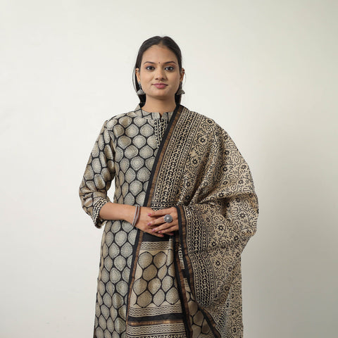Buy Beige Chanderi Silk Hand Block Bagru Print Kurta Set