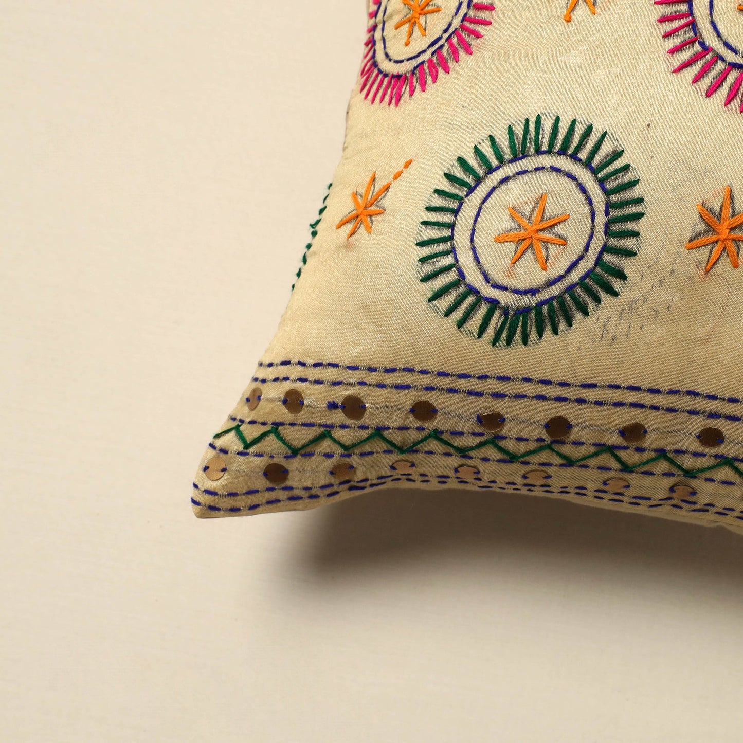 Chanderi silk hand embroidery cushion cover 14 - handcrafted