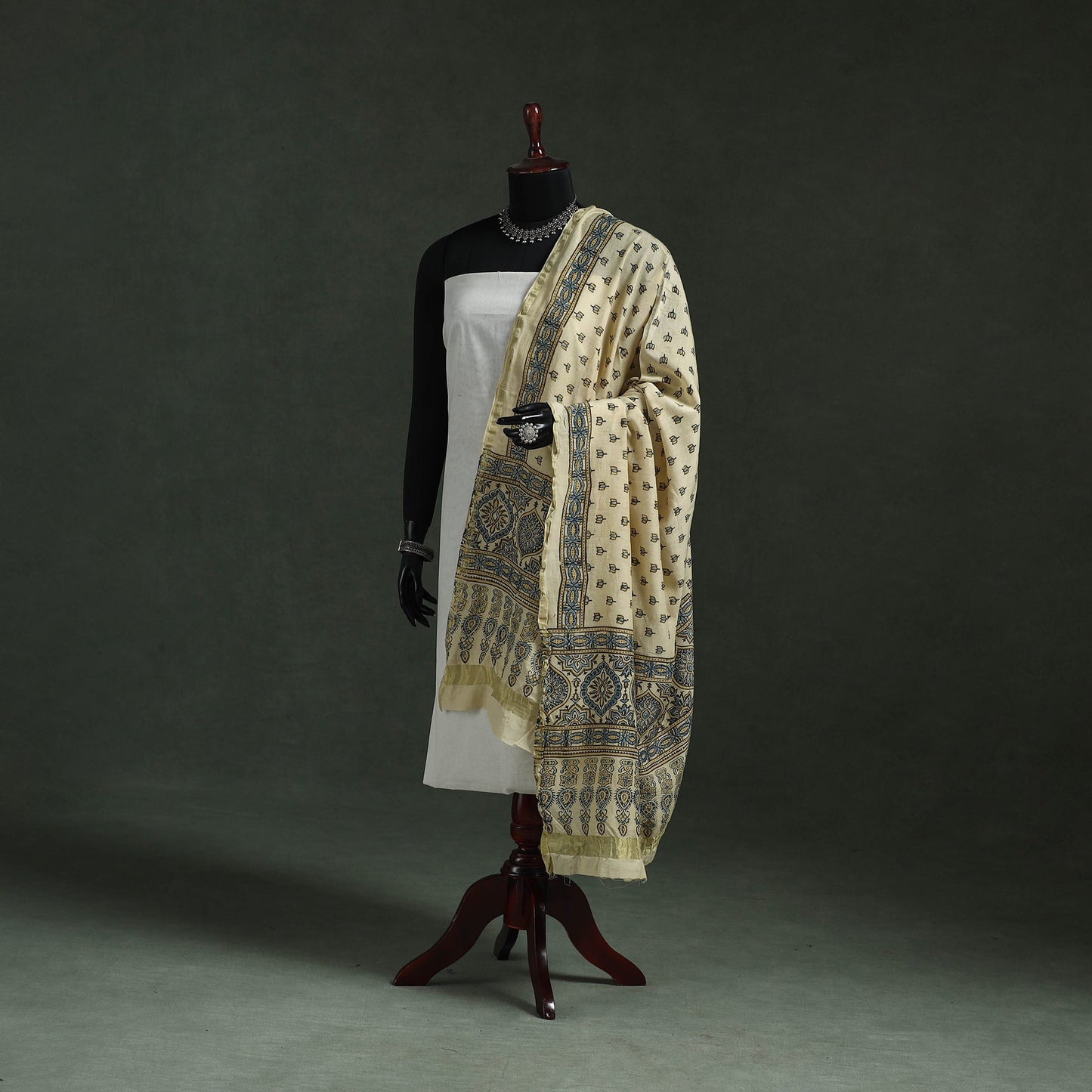 Beige - chanderi silk kutch hand block print natural dyed
