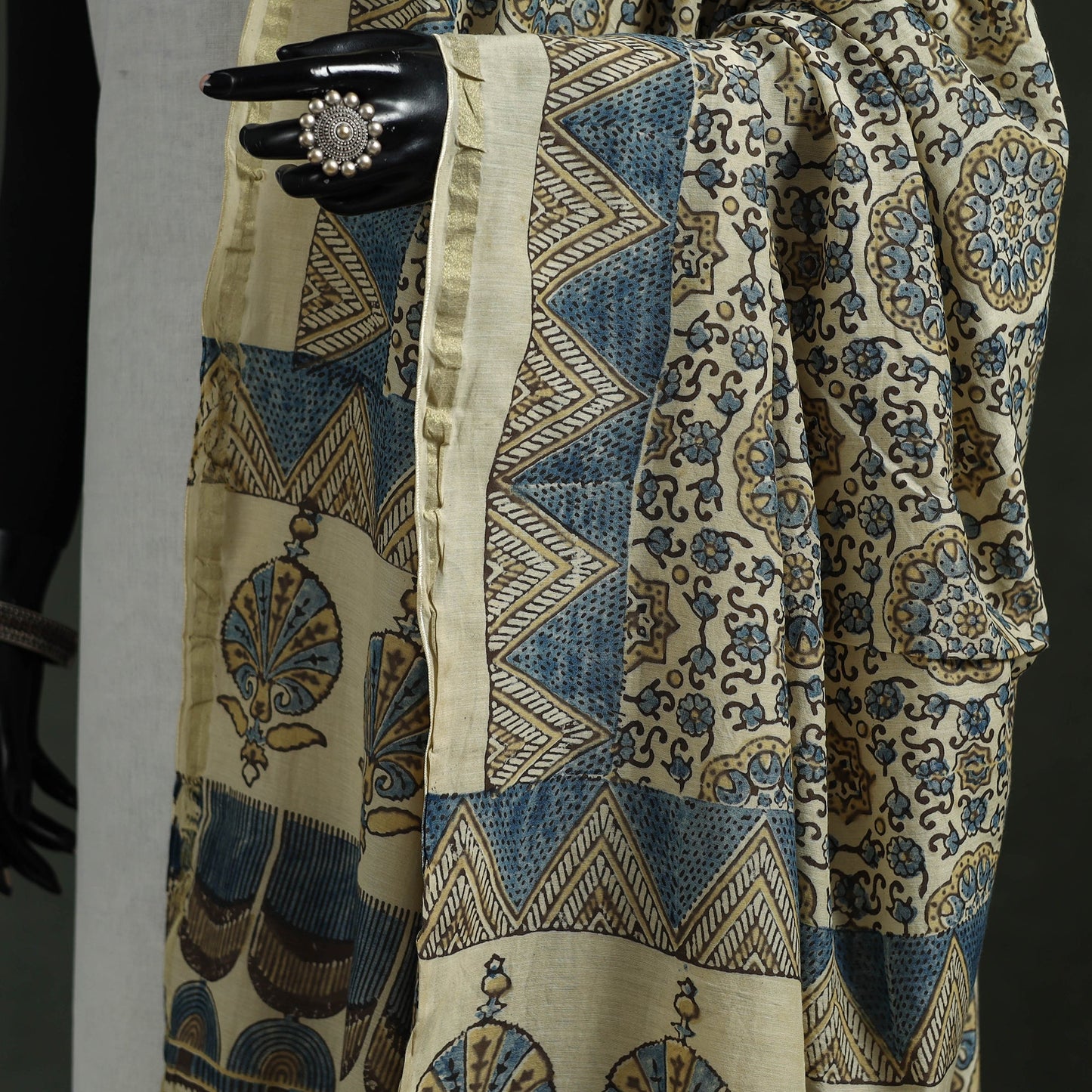 Beige - chanderi silk kutch hand block print natural dyed