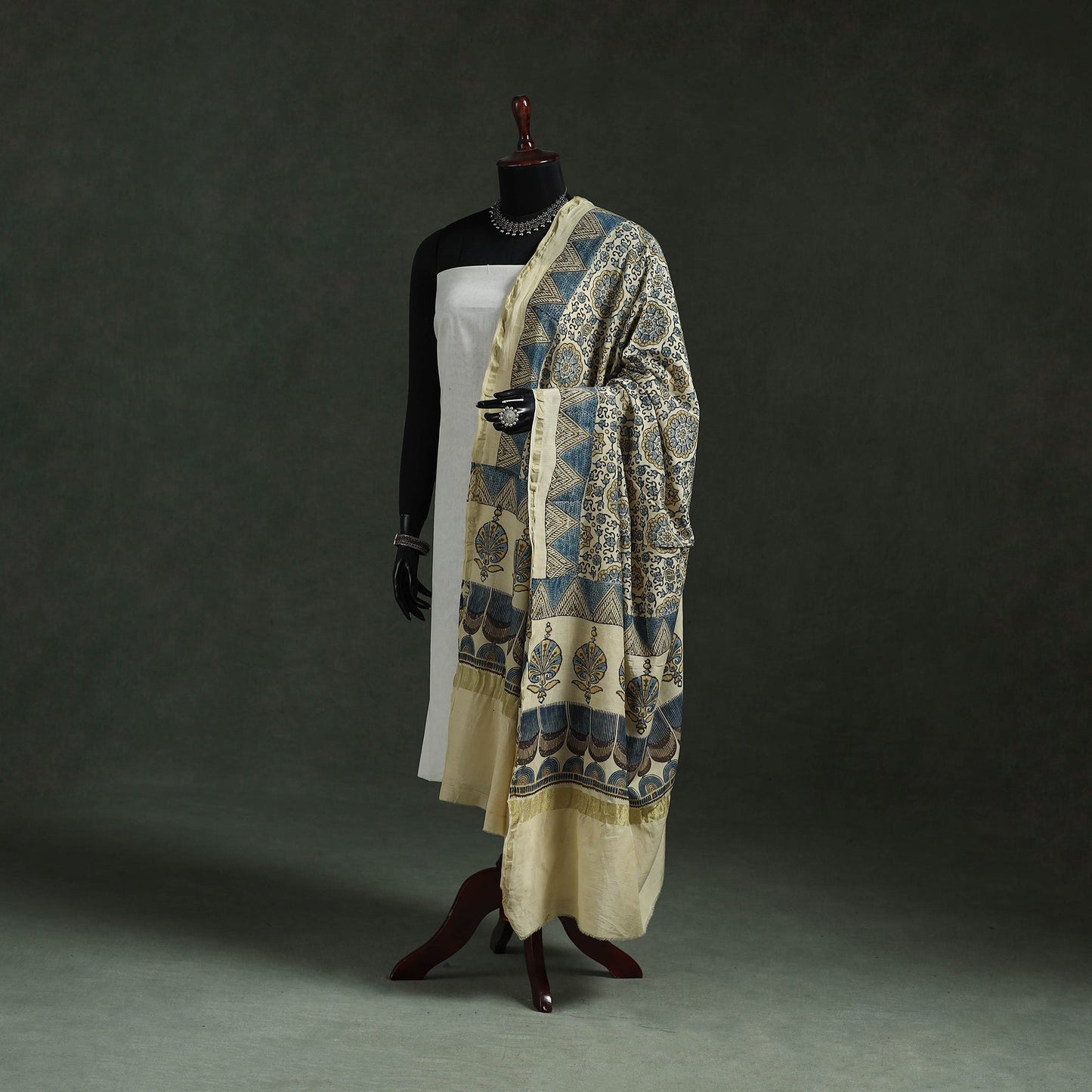 Beige - chanderi silk kutch hand block print natural dyed
