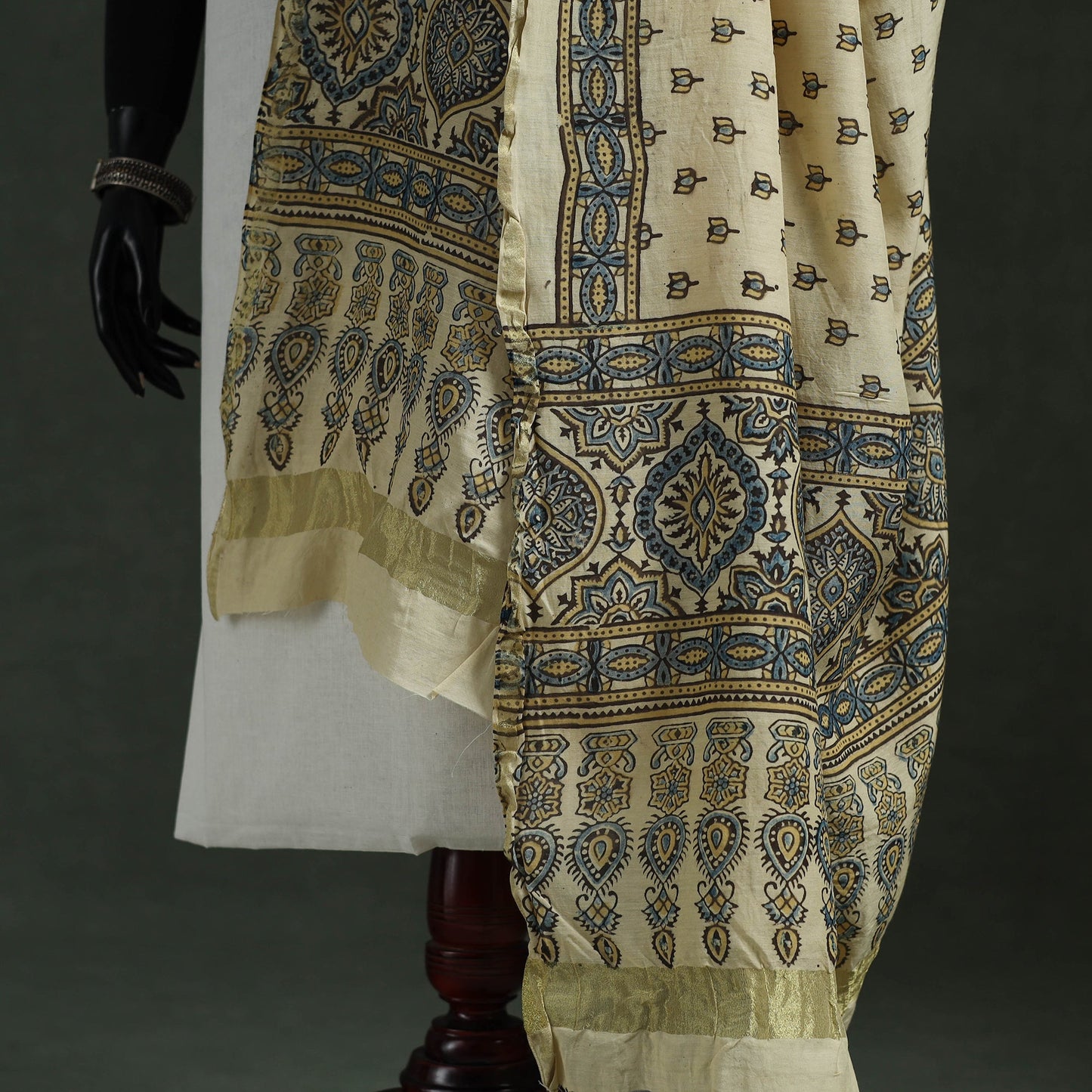 Beige - chanderi silk kutch hand block print natural dyed