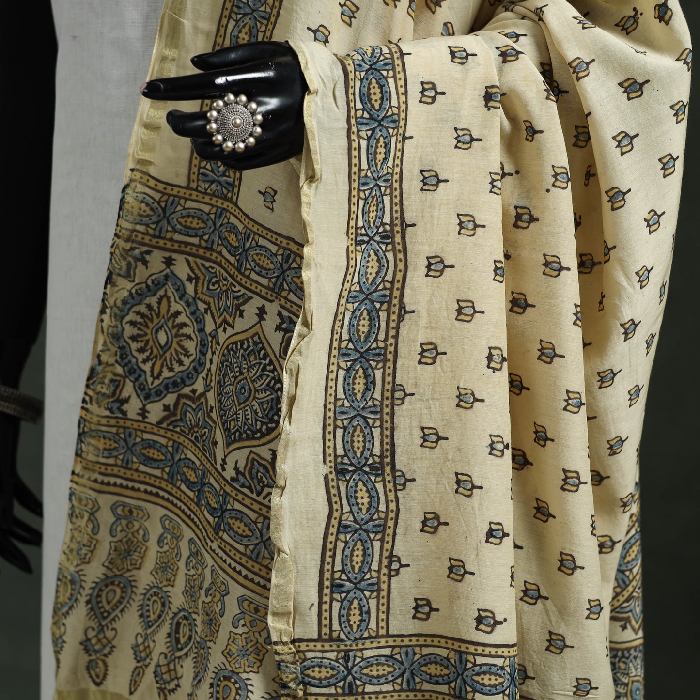 Beige - chanderi silk kutch hand block print natural dyed