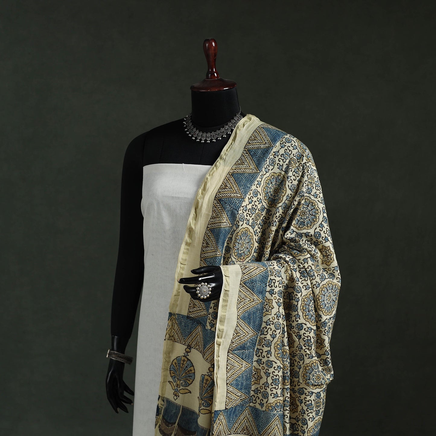 Beige - chanderi silk kutch hand block print natural dyed