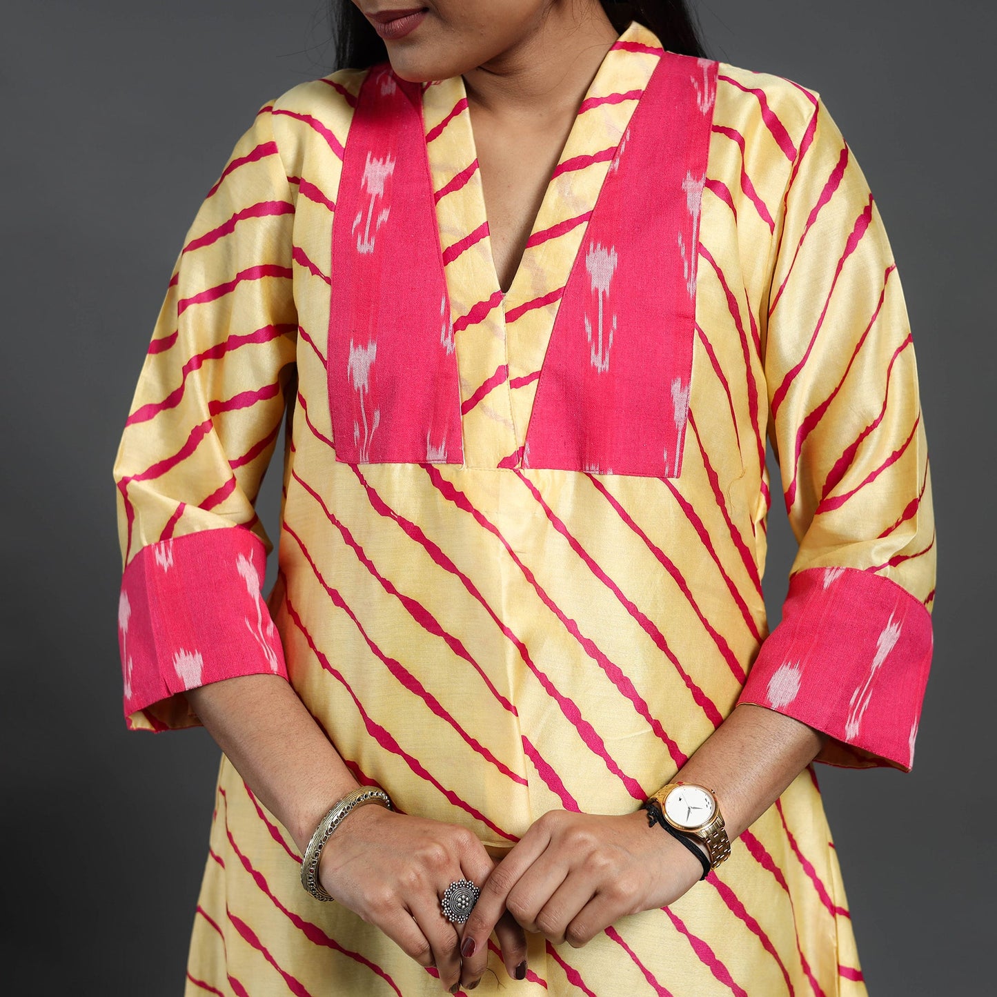 Beige - chanderi silk a-line patchwork tie-dye leheriya