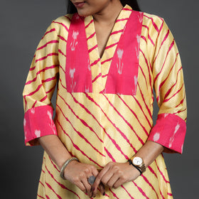 Beige - chanderi silk a-line patchwork tie-dye leheriya