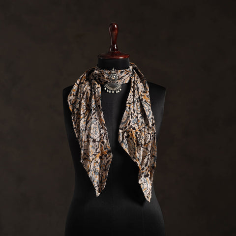 Beige Block Print Chanderi Silk Pendant Necklace Scarf