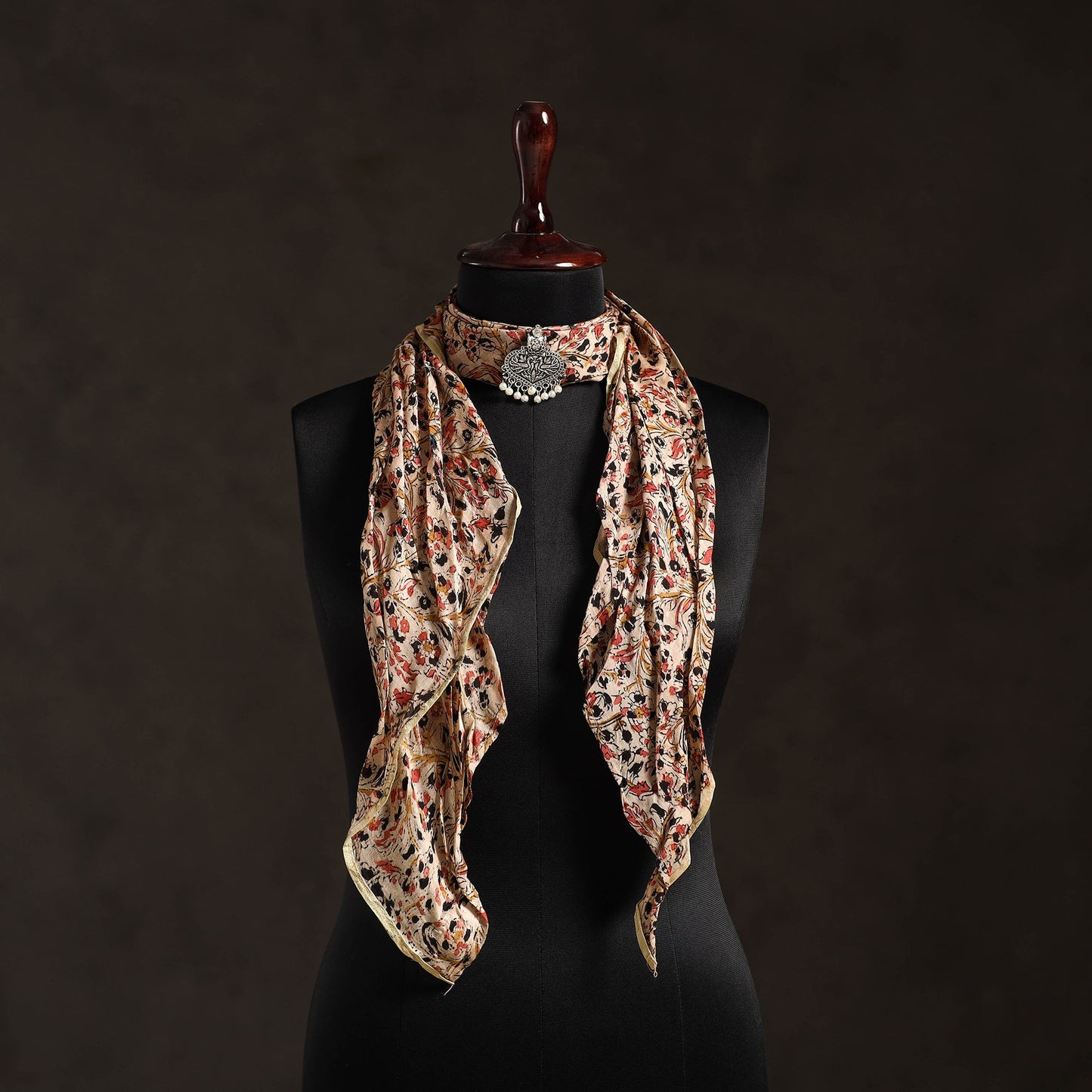 Beige Block Print Chanderi Silk Pendant Necklace Scarf