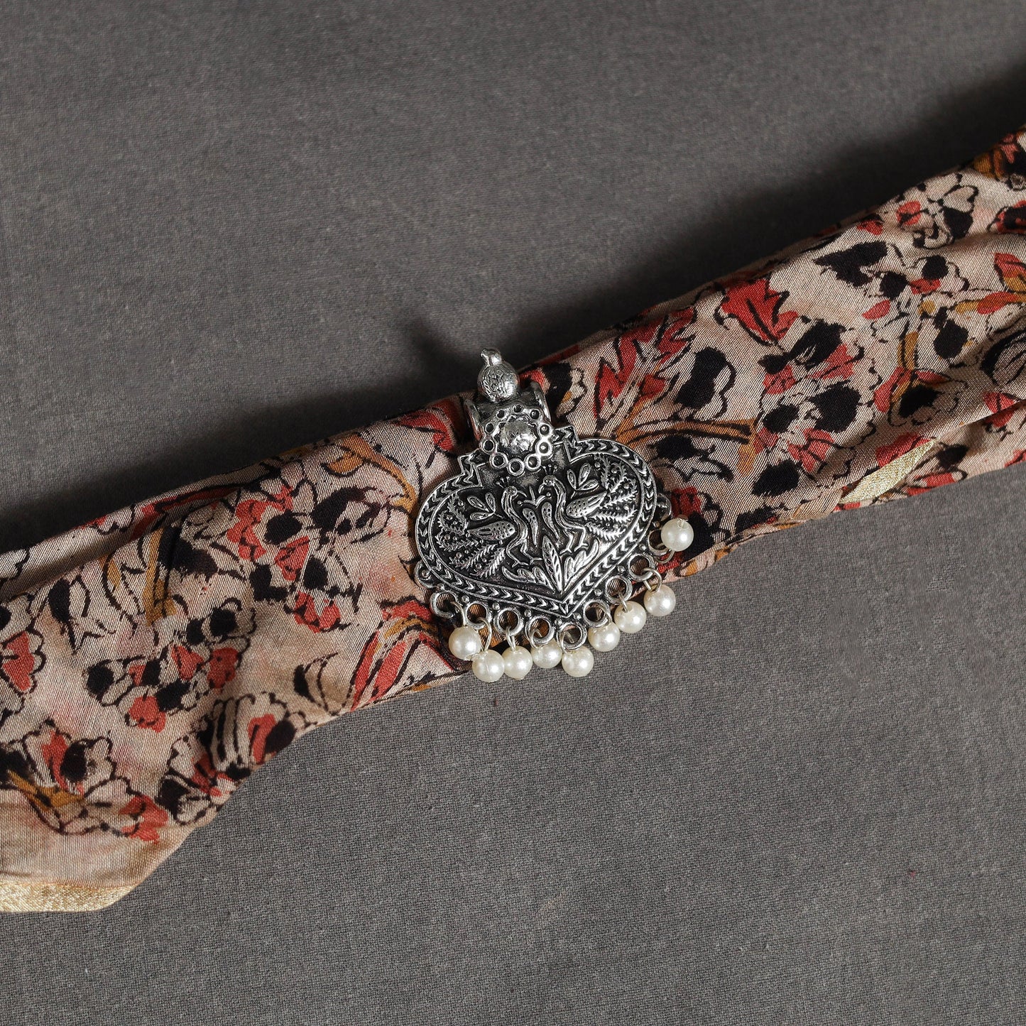 Beige Block Print Chanderi Silk Pendant Necklace Scarf