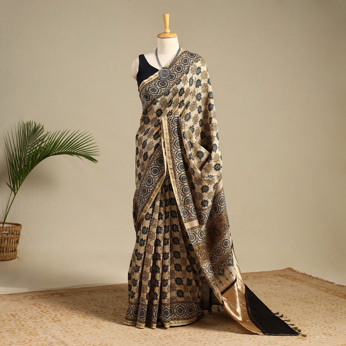 Beige Chanderi Silk Block Print Ajrakh Saree