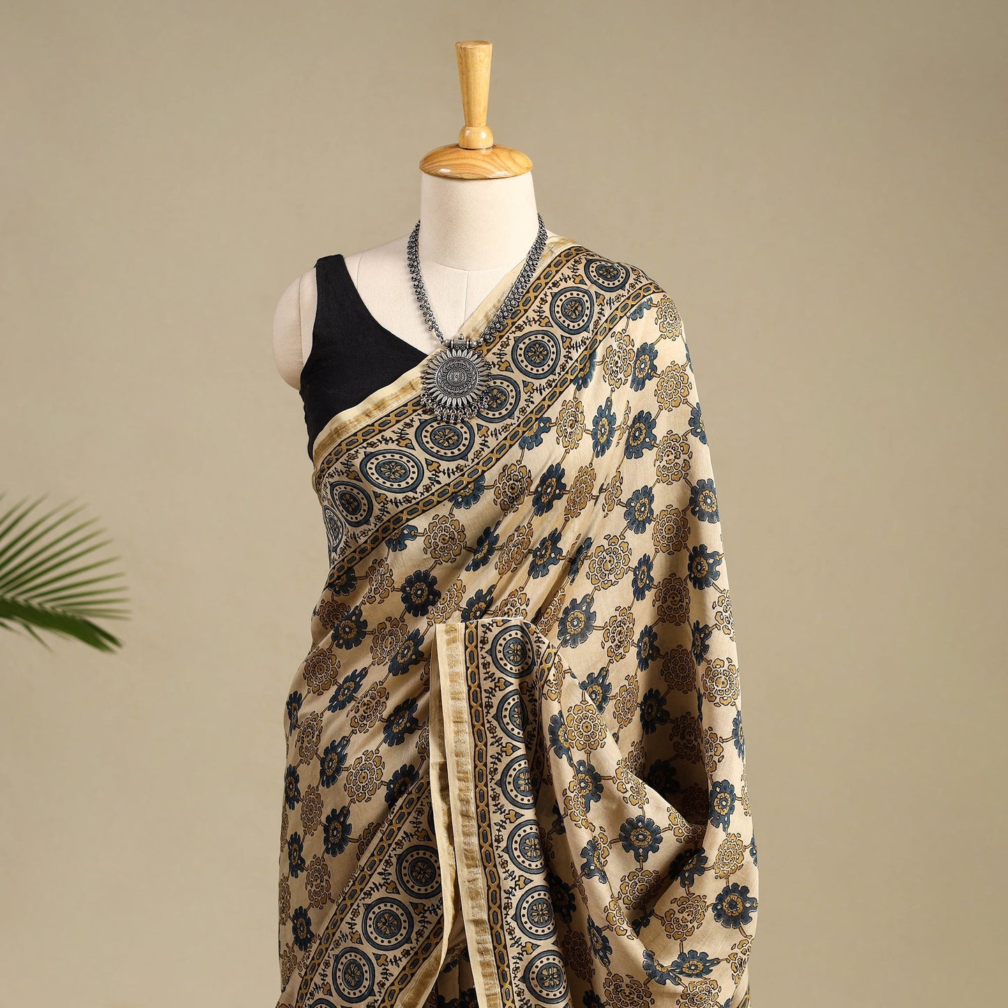 Beige Chanderi Silk Block Print Ajrakh Saree