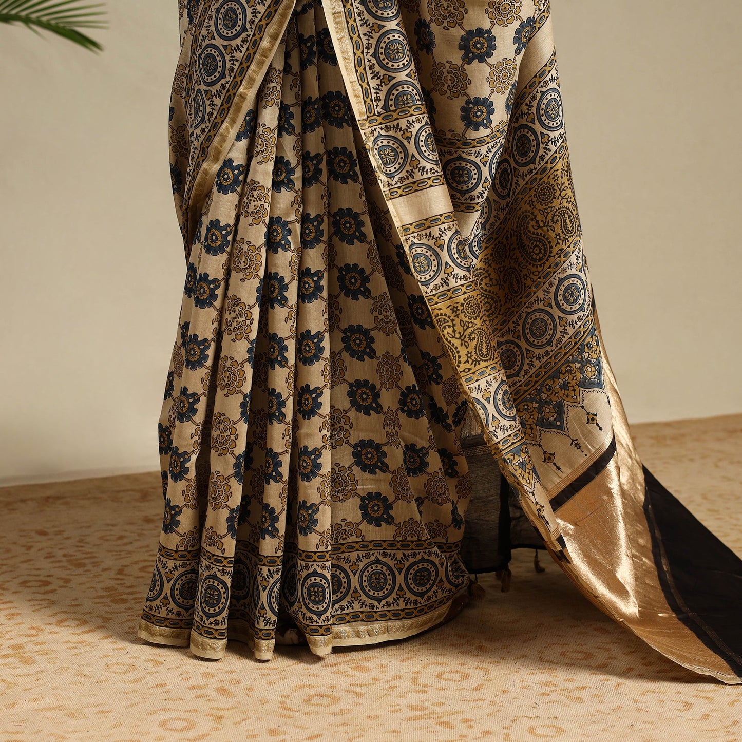Beige Chanderi Silk Block Print Ajrakh Saree