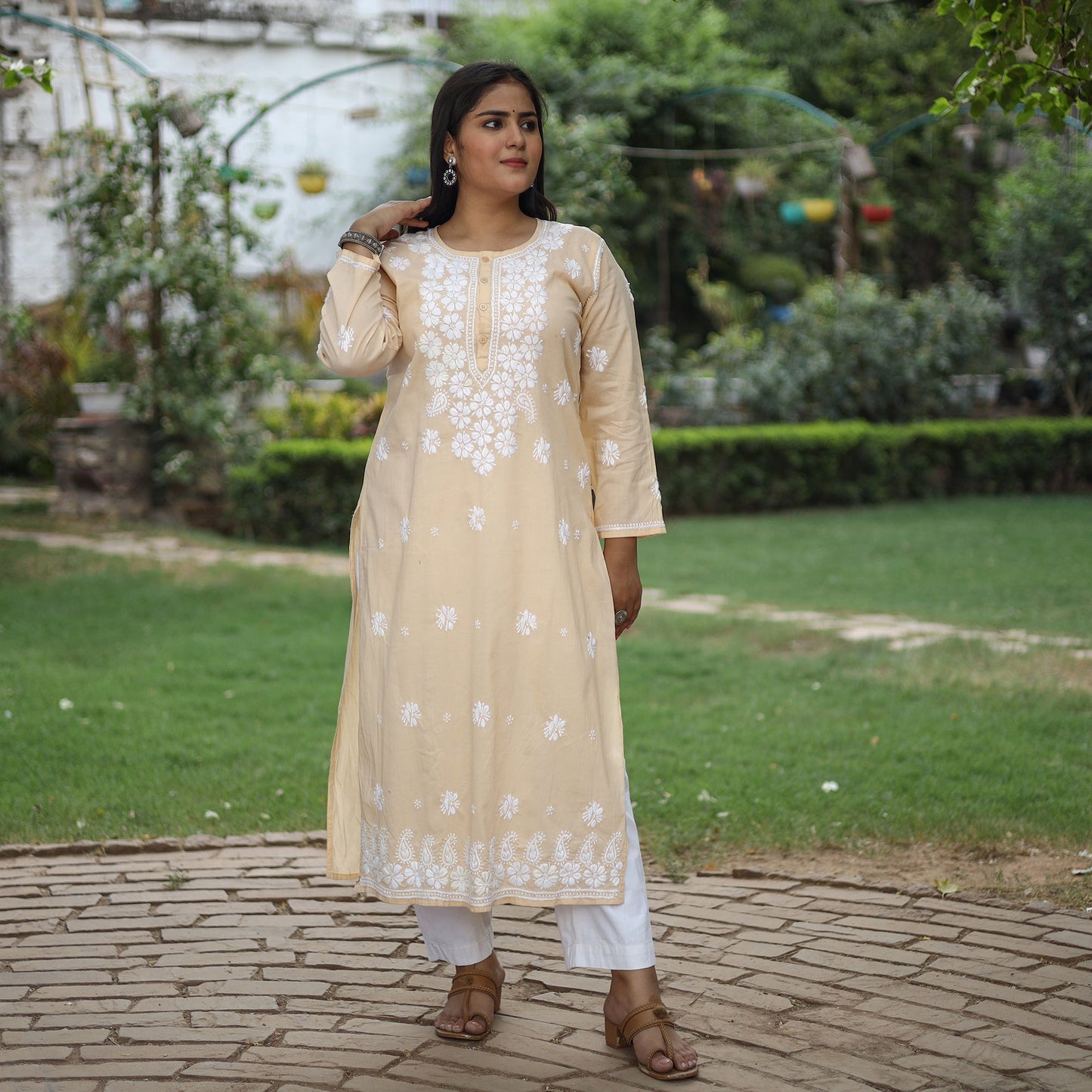 Buy Chikankari Hand Embroidered Cotton Long Kurta for Women