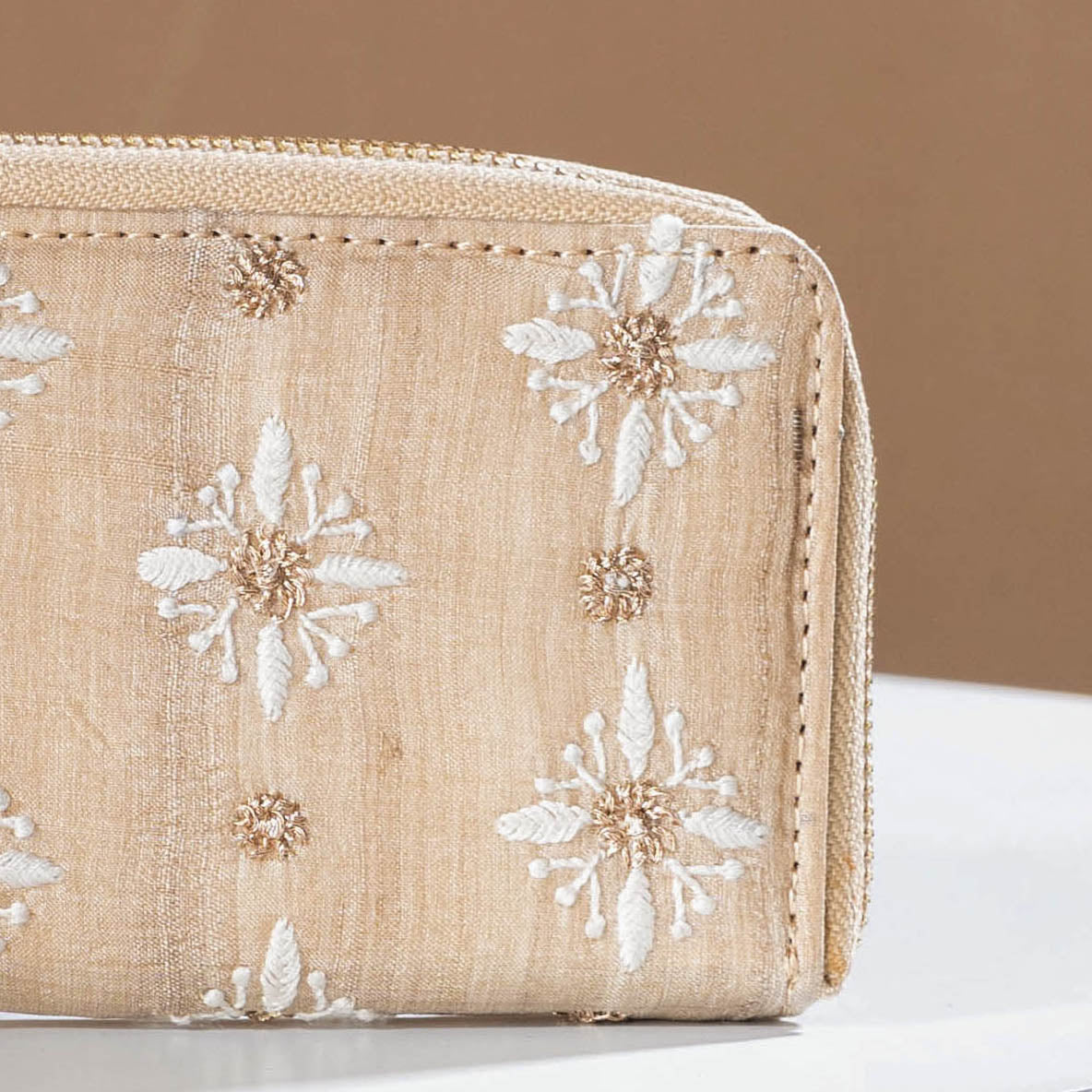 Beige Chikankari Hand Embroidered Tussar Silk Wallet