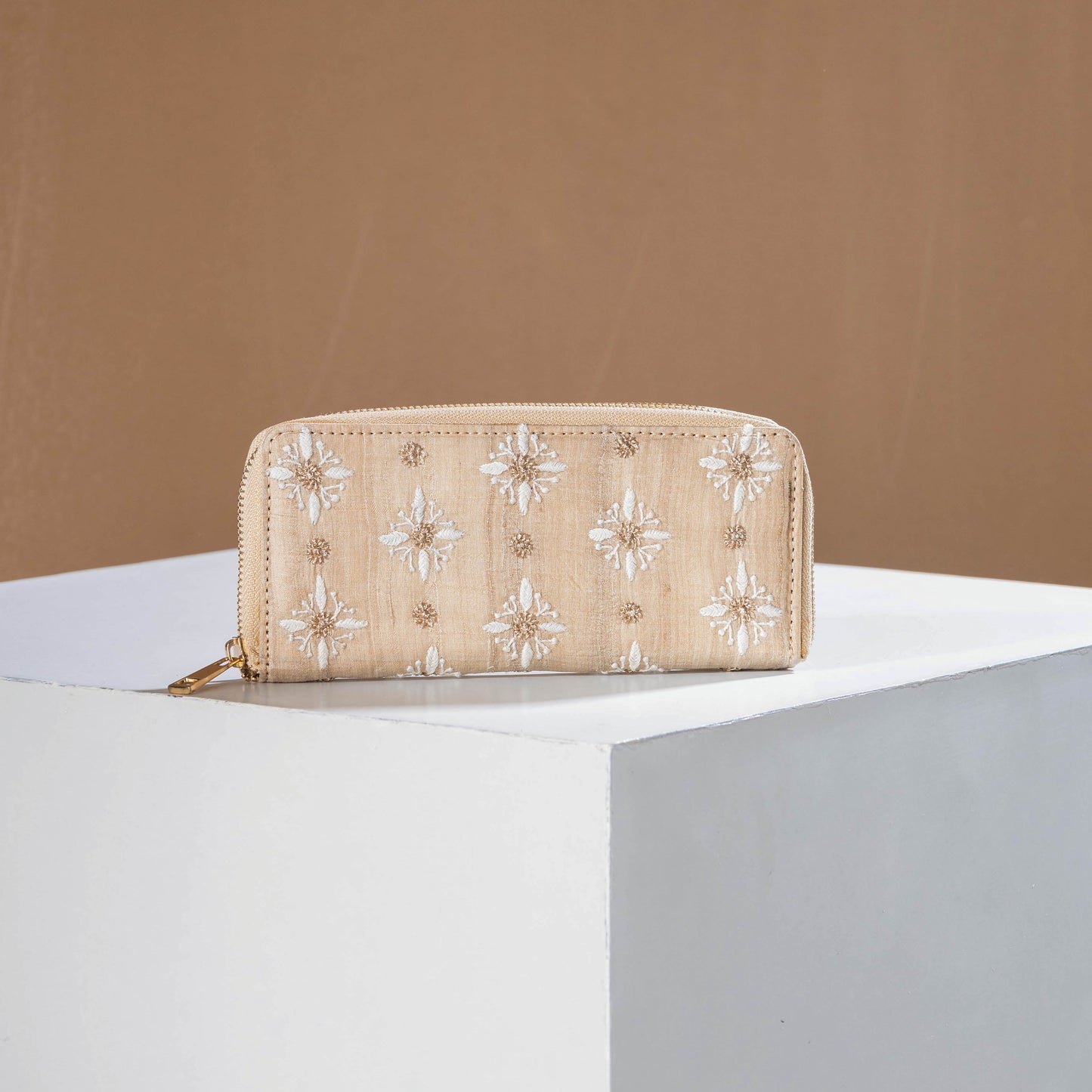 Beige Chikankari Hand Embroidered Tussar Silk Wallet