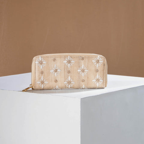 Beige Chikankari Hand Embroidered Tussar Silk Wallet