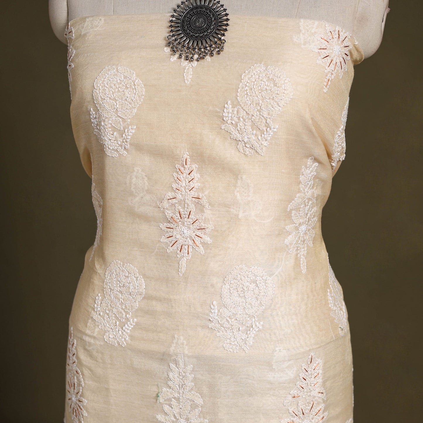 Beige Chikankari with Parsi Style Embroidery Cotton Kurta Material