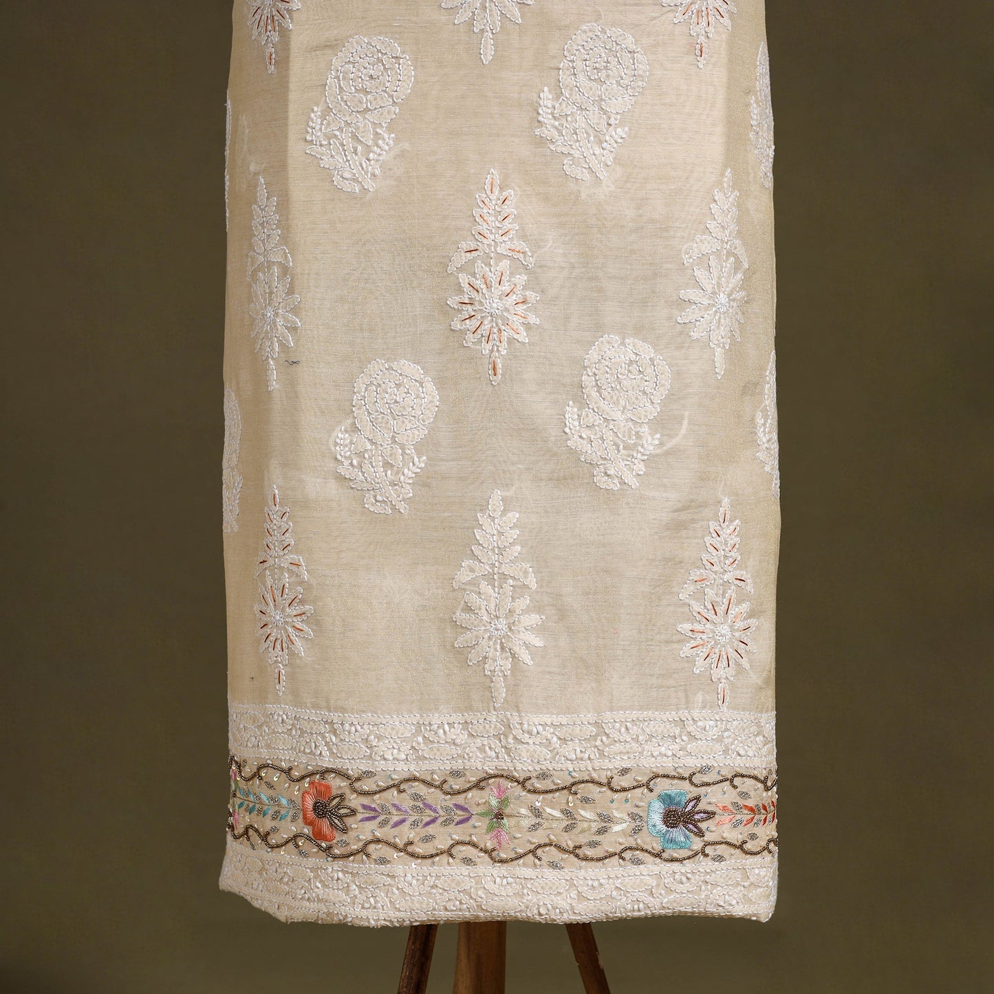 Beige Chikankari with Parsi Style Embroidery Cotton Kurta Material