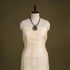 Beige Chikankari with Parsi Style Embroidery Cotton Kurta Material