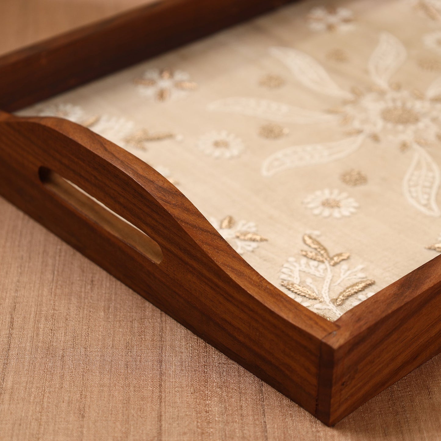  Beige Chikankari Zari Hand Embroidered Sheesham Wood Tray