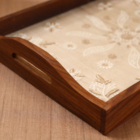  Beige Chikankari Zari Hand Embroidered Sheesham Wood Tray