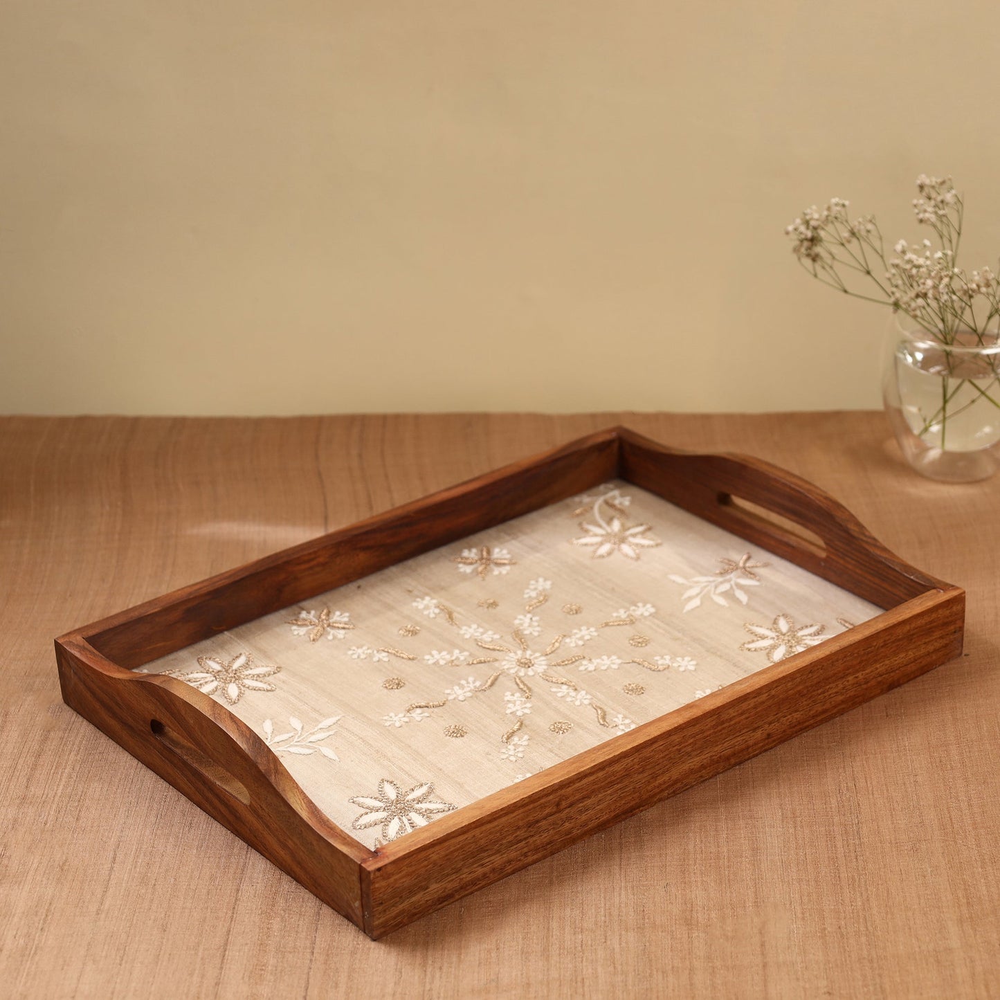Beige Chikankari Zari Hand Embroidered Sheesham Wood Tray