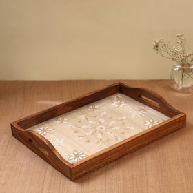 Beige Chikankari Zari Hand Embroidered Sheesham Wood Tray