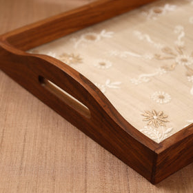  Beige Chikankari Zari Hand Embroidered Sheesham Wood Tray