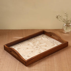  Beige Chikankari Zari Hand Embroidered Sheesham Wood Tray