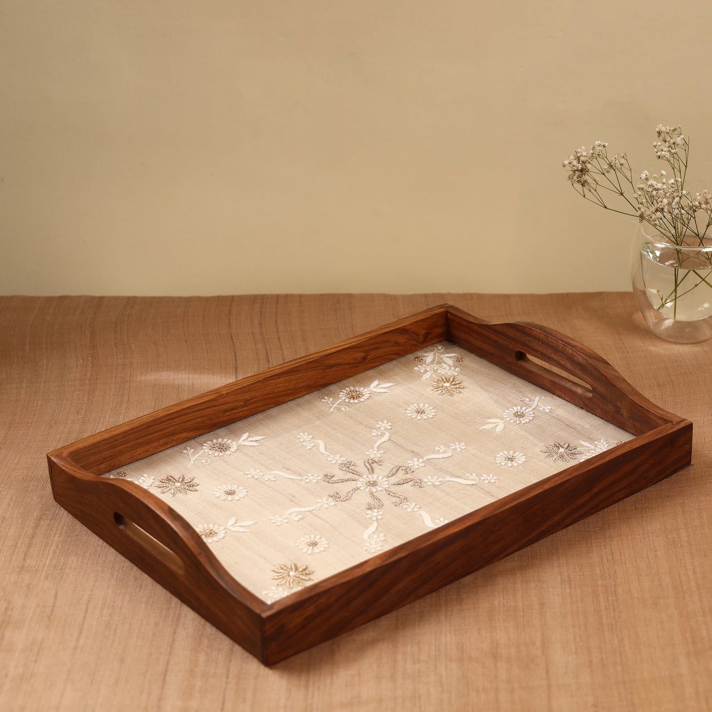  Beige Chikankari Zari Hand Embroidered Sheesham Wood Tray