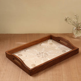  Beige Chikankari Zari Hand Embroidered Sheesham Wood Tray