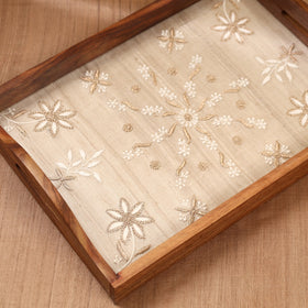 Beige Chikankari Zari Hand Embroidered Sheesham Wood Tray