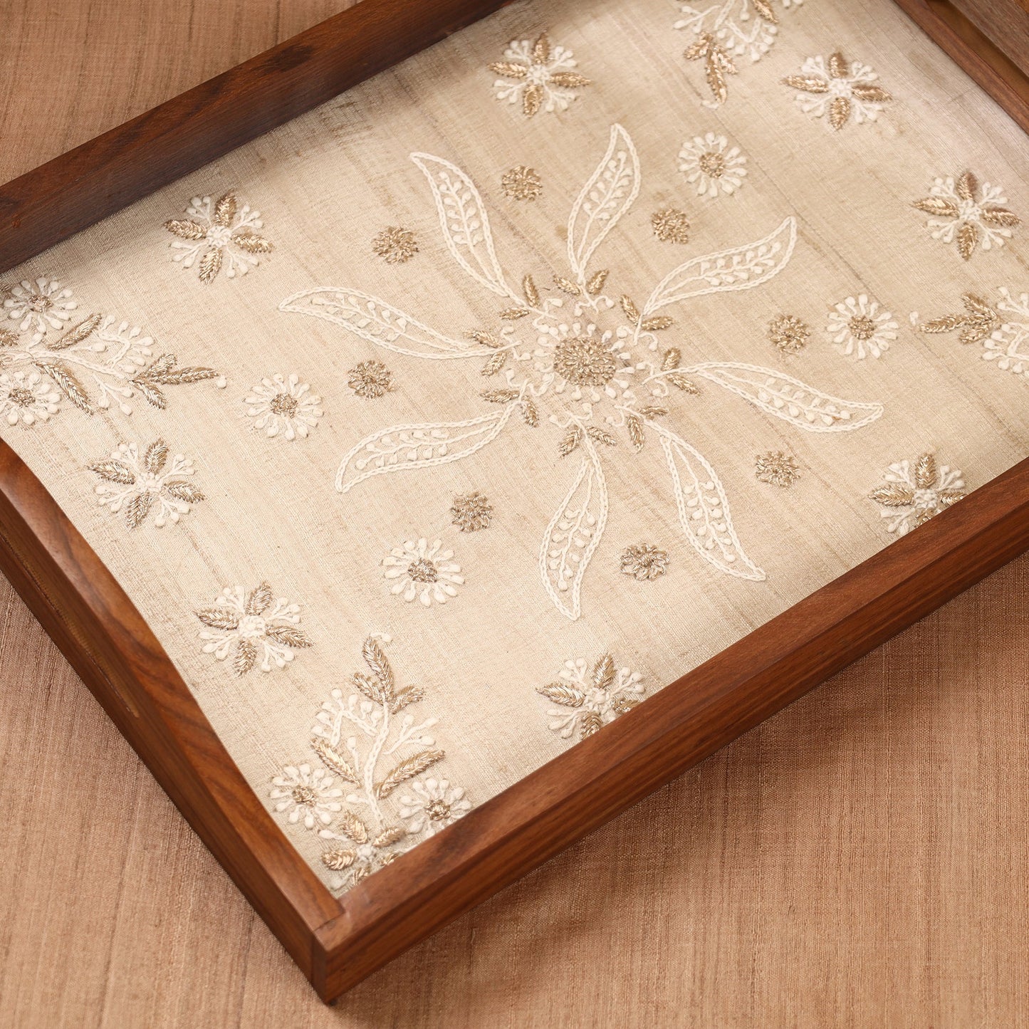  Beige Chikankari Zari Hand Embroidered Sheesham Wood Tray
