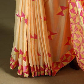 Beige - chinon embroidery phulkari saree 25 - handcrafted