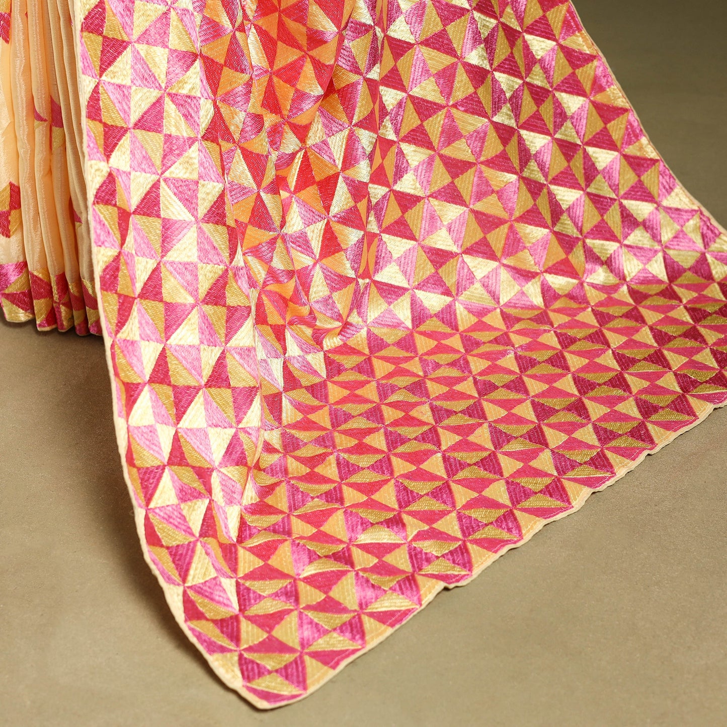 Beige - chinon embroidery phulkari saree 25 - handcrafted
