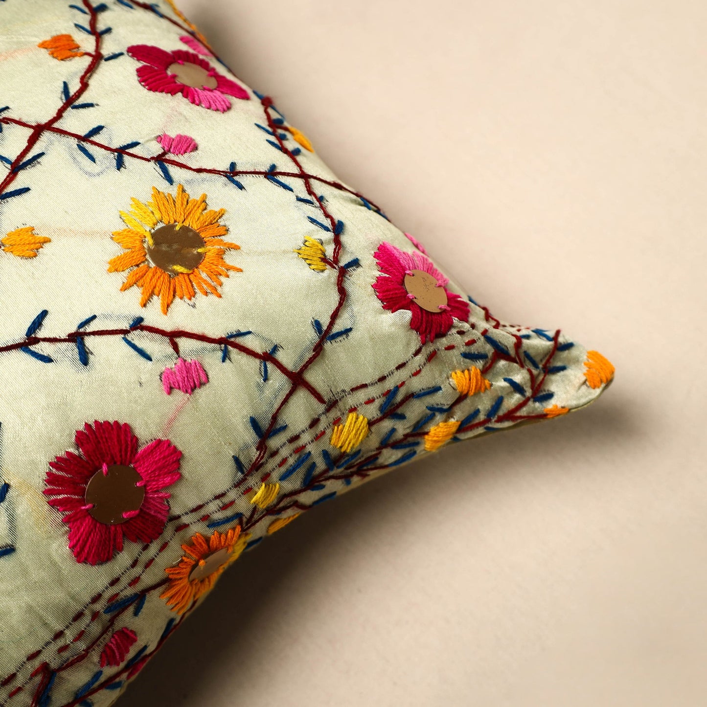  Beige Chinon Phulkari Embroidered Cushion Cover