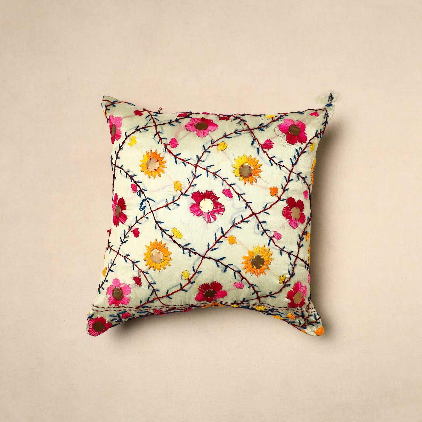  Beige Chinon Phulkari Embroidered Cushion Cover