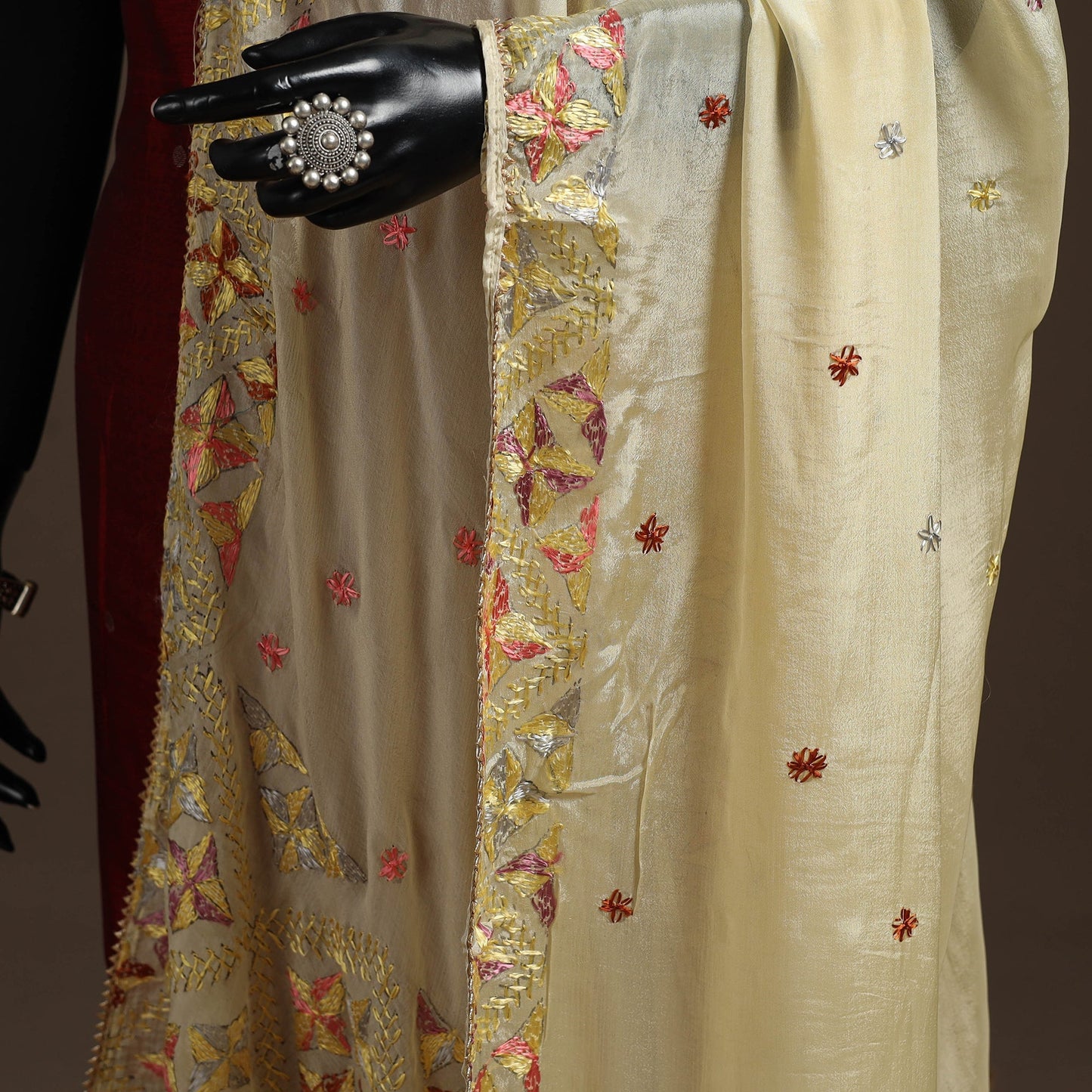 Chinon silk hand embroidered phulkari dupatta 01