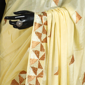 Beige - chinon silk hand embroidery phulkari saree 07